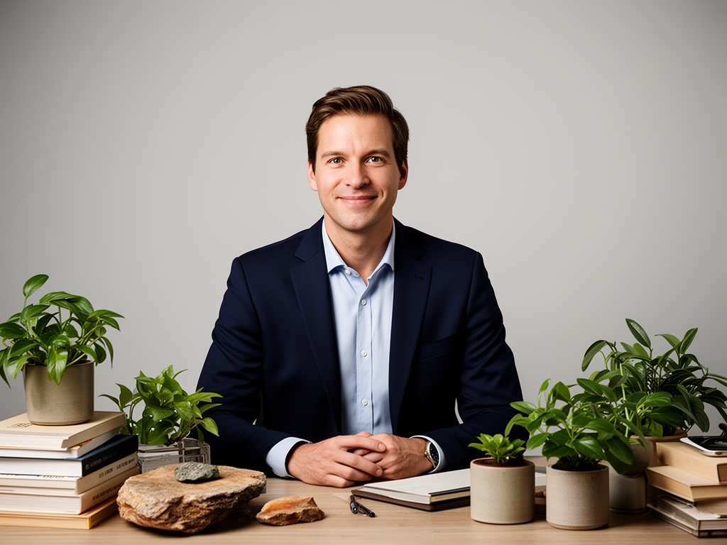 Ljust och minimalistiskt kontorsrum med böcker, växter och naturliga material på skrivbordet, symboliserande ett kunskapsfokuserat och lugnt arbete med informationsresurser