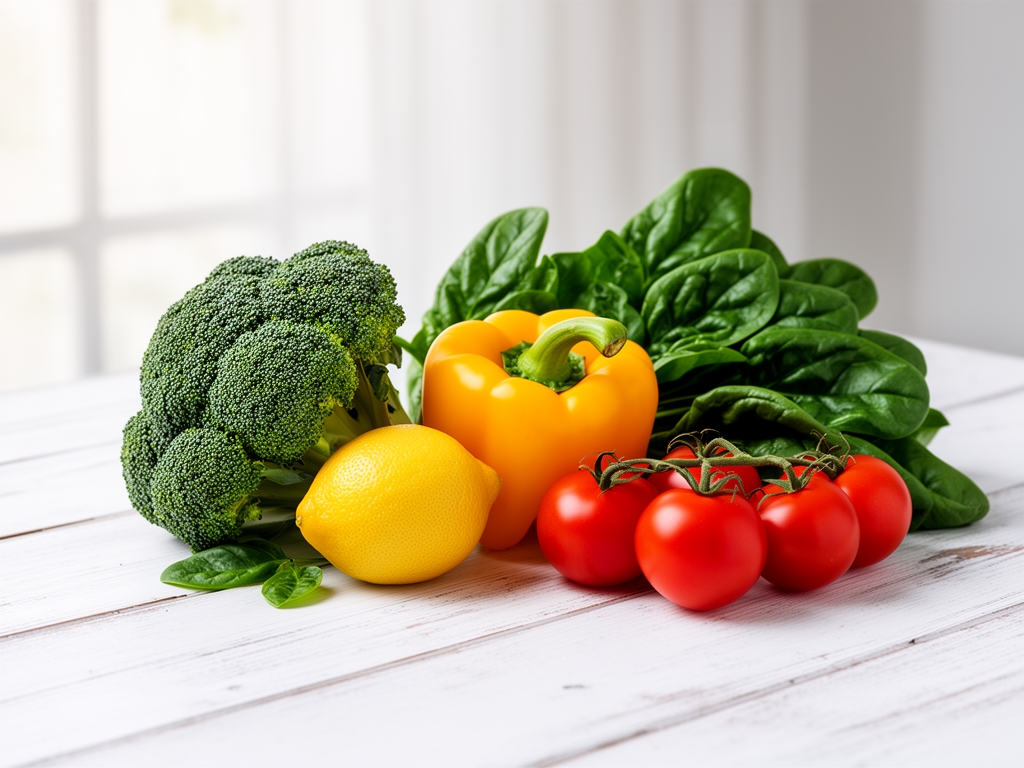 Färska grönsaker och frukter – broccoli, paprika, citron, spenat och tomater – på ett vitt träbord i naturligt dagsljus, representerar balanserad och naturlig kost