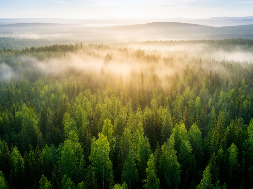 Panoramautsikt över en grön skandinavisk skog med morgondimma och solstrålar som bryter igenom trädkronorna, symboliserande naturlighet och harmoni