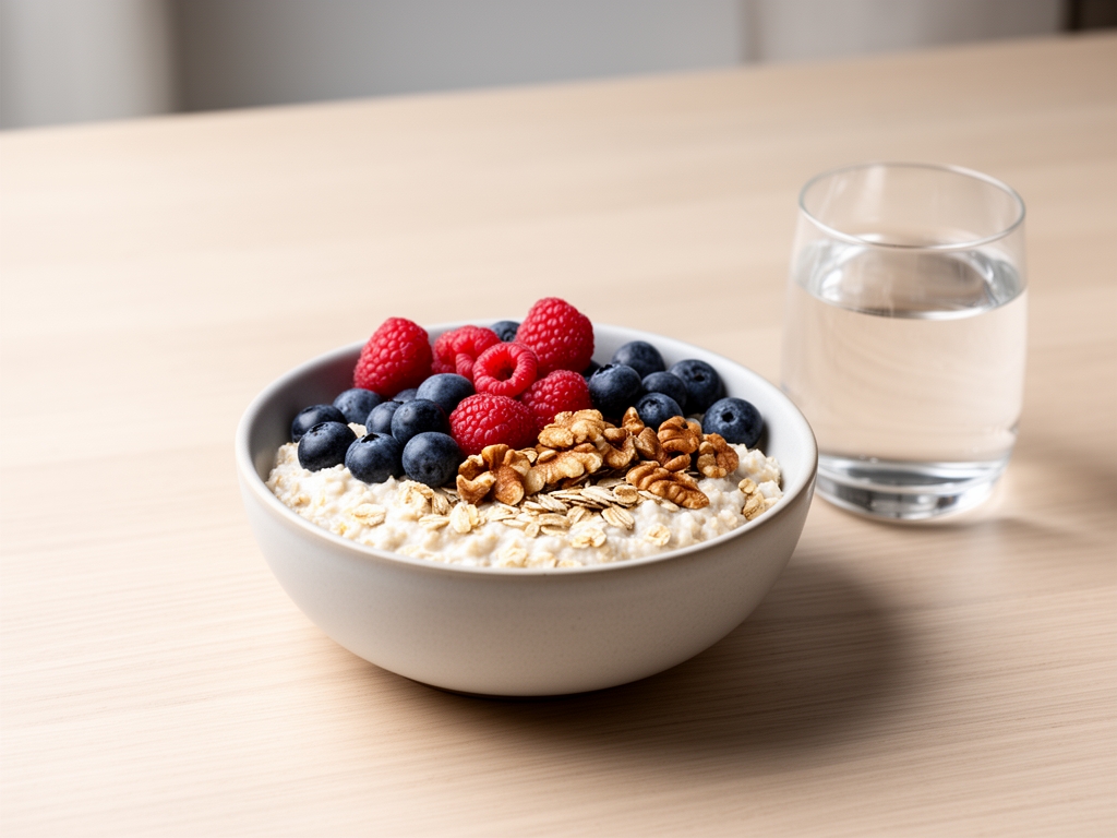 Hälsosam frukost med havregrynsgröt, färska bär, nötter och ett glas vatten på ett ljust träbord i skandinavisk minimalistisk stil