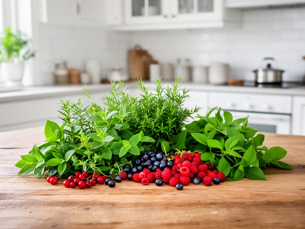 Naturliga örter, färska bär och gröna blad på ett träbord i ett ljust skandinaviskt kök, symboliserande balanserad näring och välbefinnande
