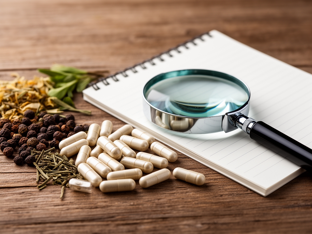 Närbild på kapslar och naturliga ingredienser bredvid ett förstoringsglas och anteckningsblock på ett träbord, symboliserande granskning och kvalitetssäkring av kosttillskott