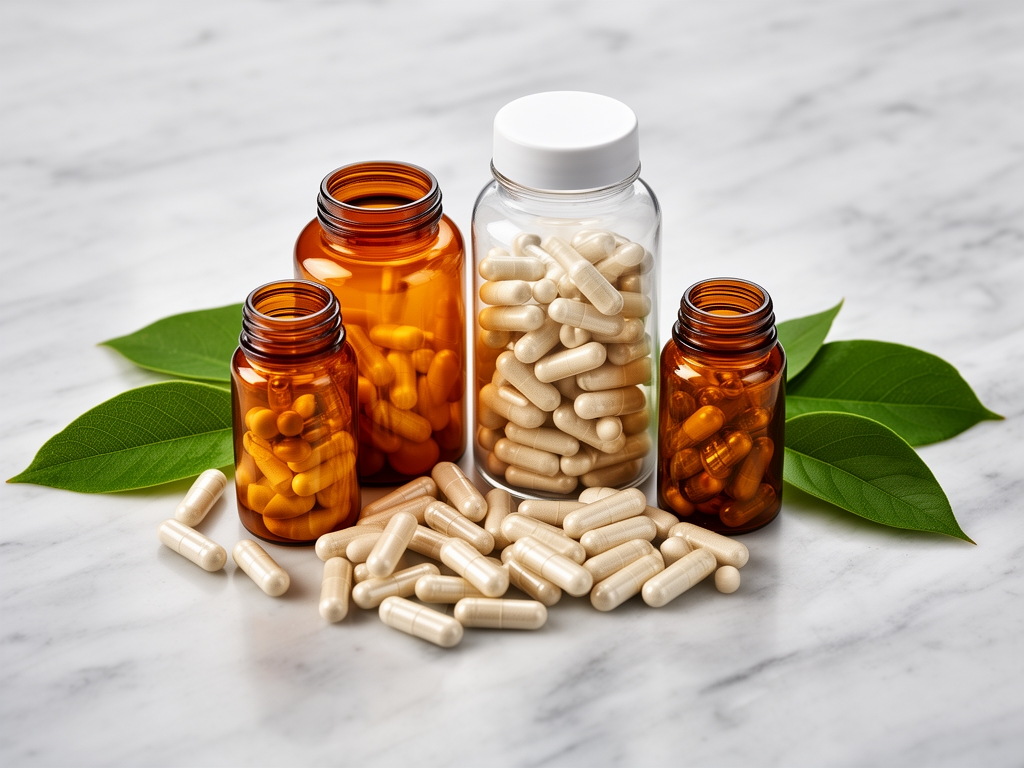 Olika oidentifierade kosttillskott i genomskinliga burkar och kapslar arrangerade estetiskt på en ljus marmoryta med naturliga löv bredvid